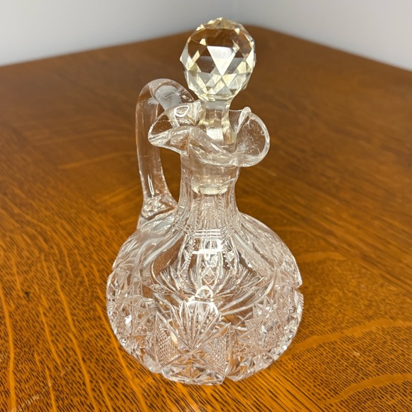 Other - Antique Cut Glass Cruet with Handle & Stopper Etched Glass Decor Delicate Chip